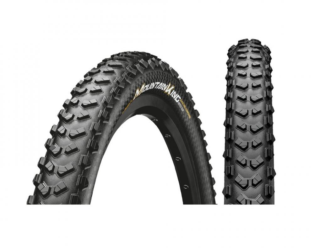 Continental Mountain King 29x2.30 E-25 MTB Reifen schwarz, mit aggressivem Profil und gelber Schrift.