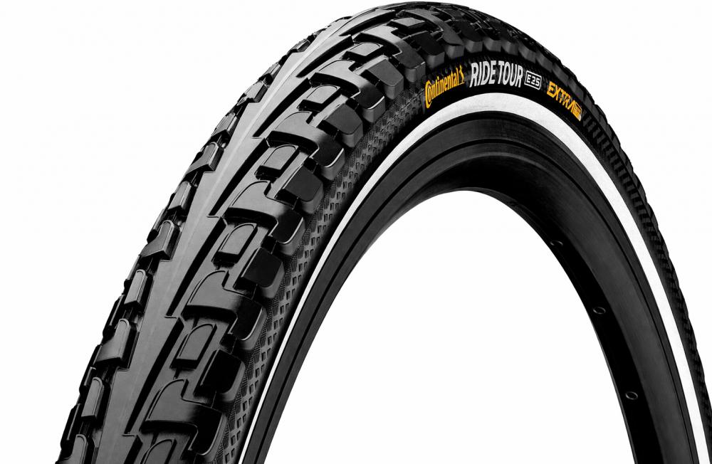 Continental Ride Tour E-25 Fahrradreifen 16x1.75 schwarz mit Reflexstreifen, Seiten- und Profilansicht.