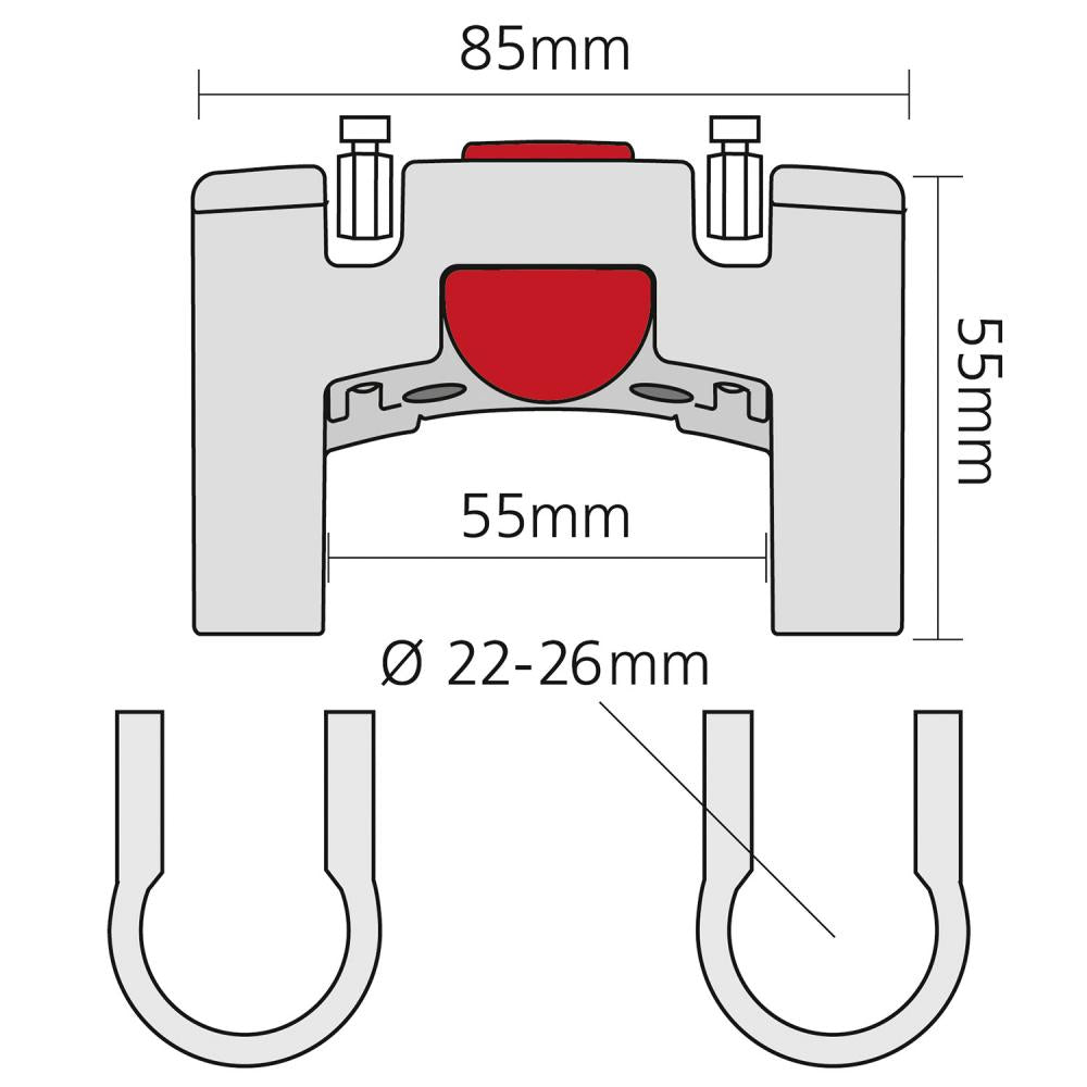 KLICKfix Lenkeradapter 22-26mm, technische Zeichnung mit Maßen 85x55mm und Montageklammern, max. 7kg.