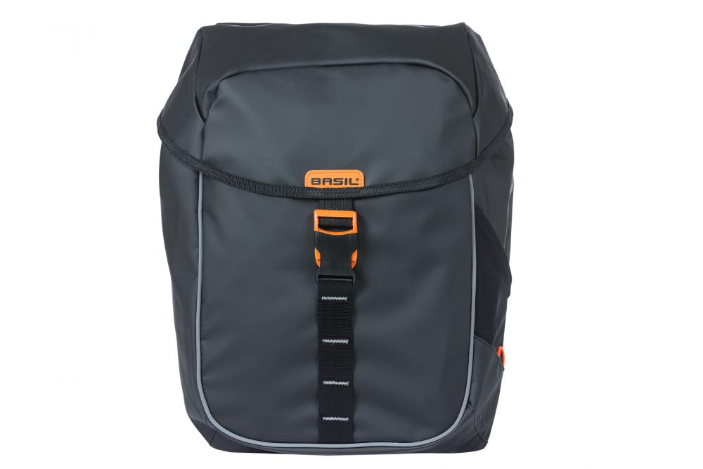 Basil Miles MIK 2.0 Doppeltasche 34L, wasserdichtes Tarpaulin, anthrazit, mit Rollverschluss und Reflexdetails.