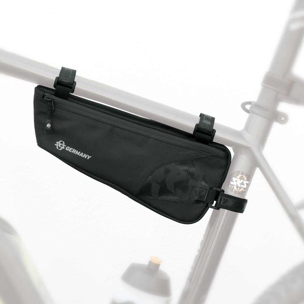 SKS Explorer Edge Rahmentasche schwarz am Fahrrad montiert, robuste 1,0L Bikepacking-Tasche für Gravel-Bikes und MTB.