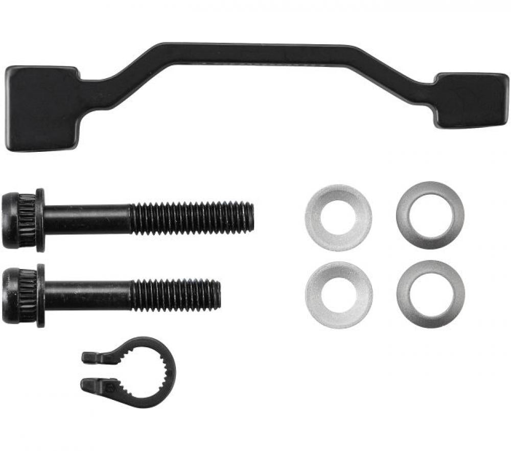 SHIMANO Scheibenbremsadapter PM zu PM 200/220 mm mit Montageschrauben, Unterlegscheiben und Sicherungsclip.