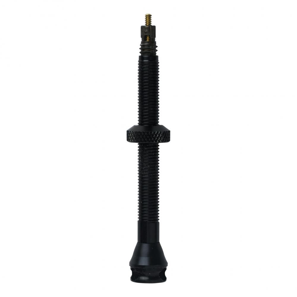 Schwarzes Schwalbe 60mm Tubeless Fahrradventil mit Rändelmutter und Messingkern.