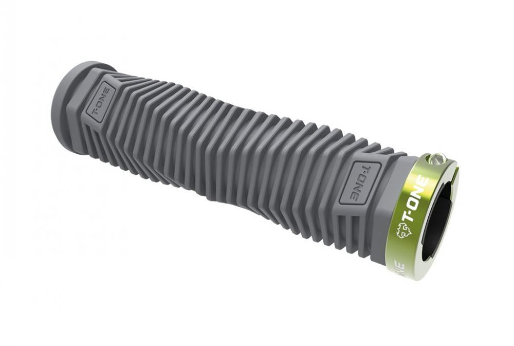 T-One DNA Fahrradgriffe in Grau mit grünem Lock-on-Ring und Schraubensicherung für optimalen Grip am Lenker.