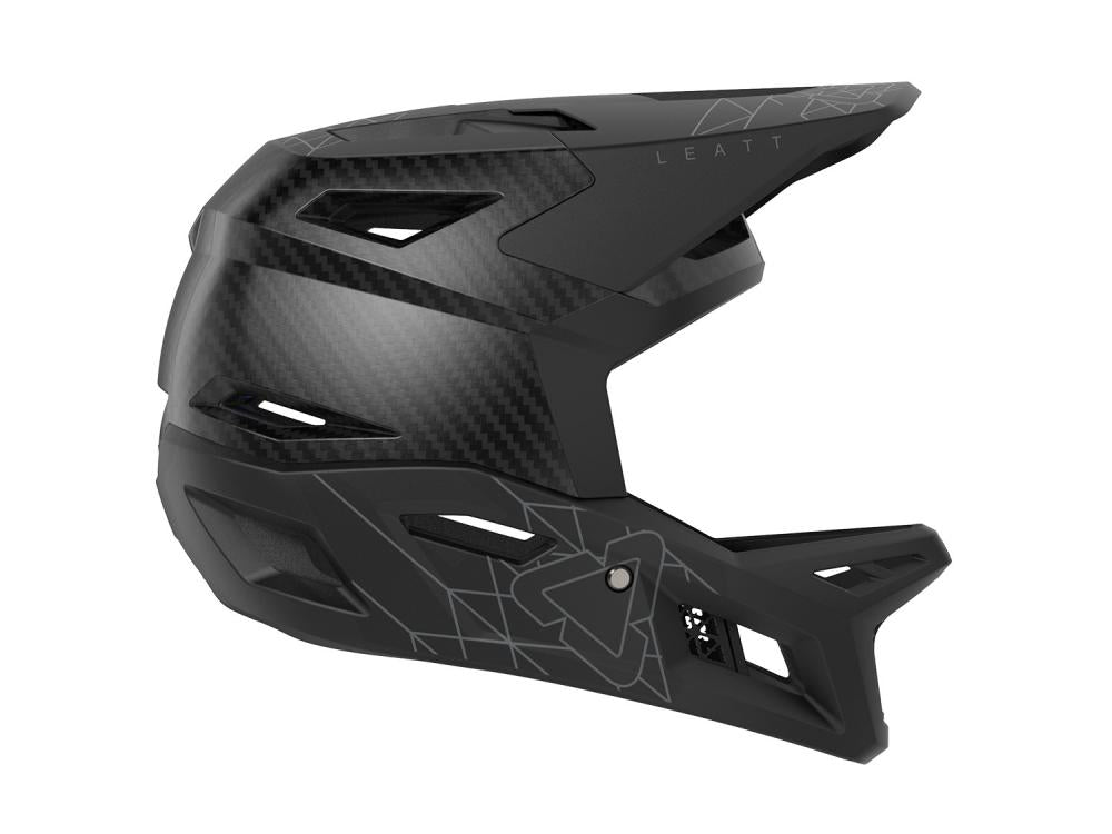Leatt MTB Gravity 6.0 Carbon Fullface Helm stealth S, schwarzer Mountainbike Helm mit Carbon-Optik, Seitenansicht.