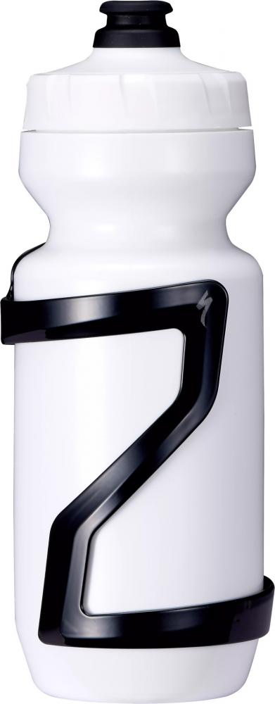 Schwarzer Specialized Zee Cage II Side Loading Flaschenhalter rechts mit weißer Trinkflasche.
