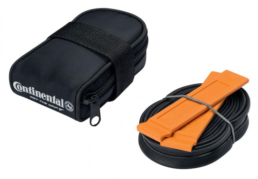 Continental Pannenset: schwarze Satteltasche, 29" MTB Ersatzschlauch (SV 42mm) & 2 orange Reifenheber.