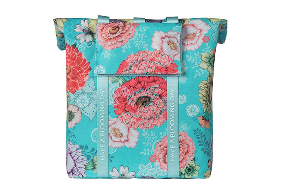 Basil Bloom Field Shopper in Himmelblau, 20l, mit farbenfrohem Blumenmuster und "Have a Blooming Day" Bändern.
