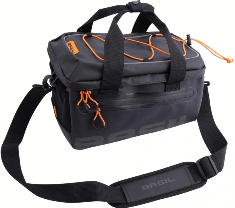 Basil Gepäckträgertasche Gepäckträgertasche Miles Tarpaulin MIK 2.0 - 7 Liter - wasserdicht schwarz-orange mit MIK-Adapterplatte