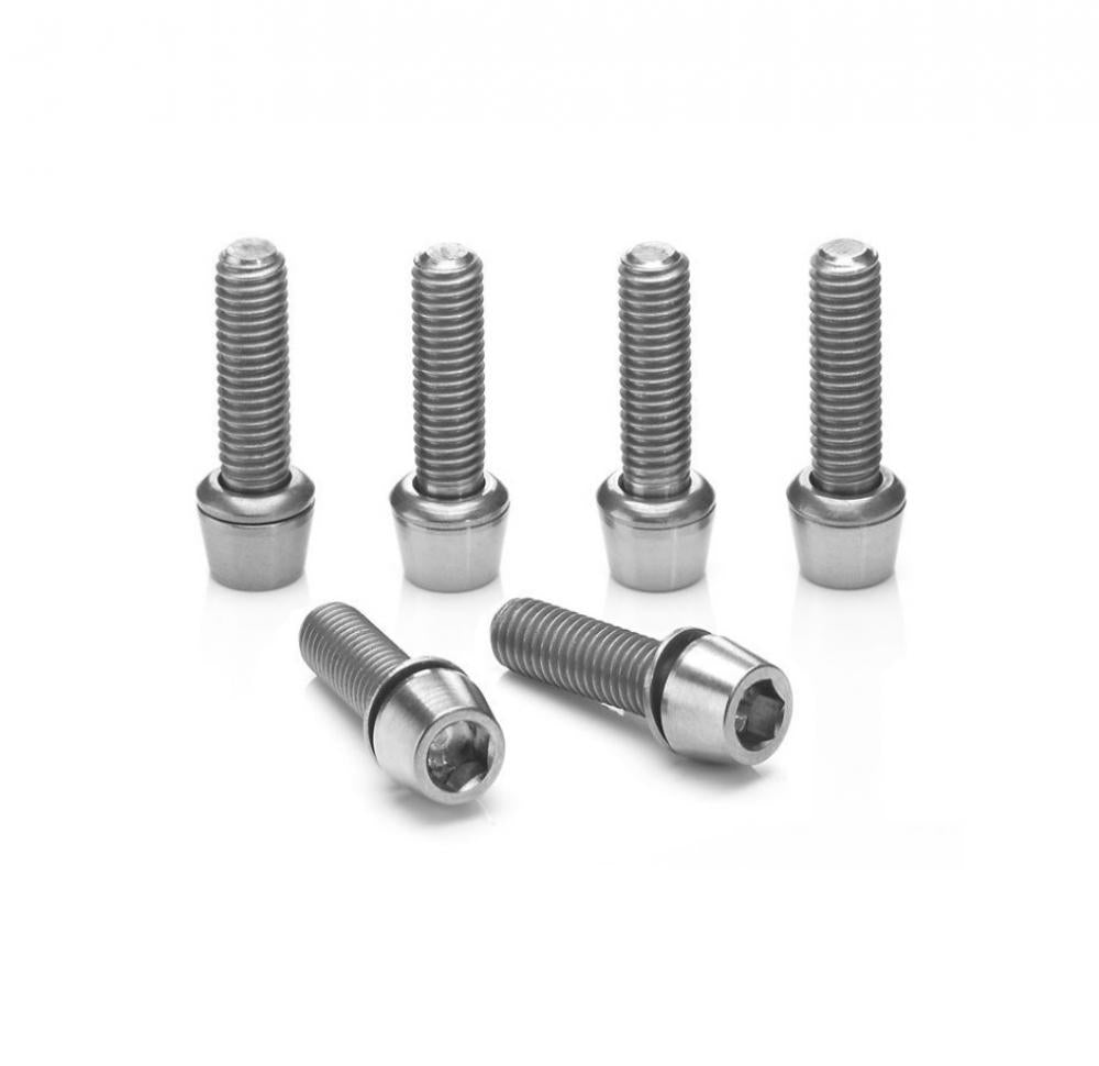 Sechs silberne, langlebige Ritchey WCS-Comp 4Axis Vorbauschrauben aus korrosionsbeständigem Edelstahl.