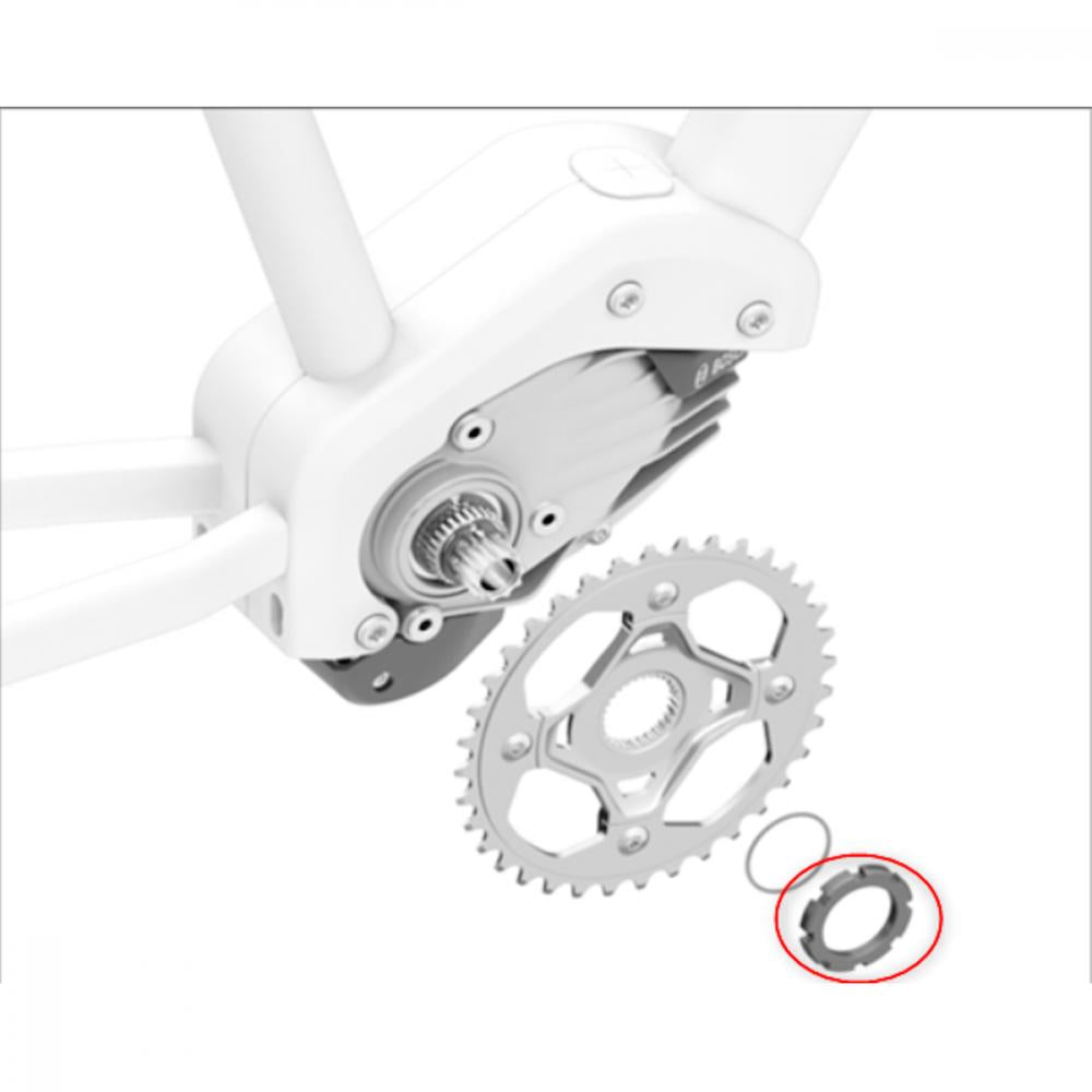 Bosch BDU4XX E-Bike-Motor mit Kettenblatt und Sicherungsring, passend für Cyclus TOOLS Lockring-Tool.