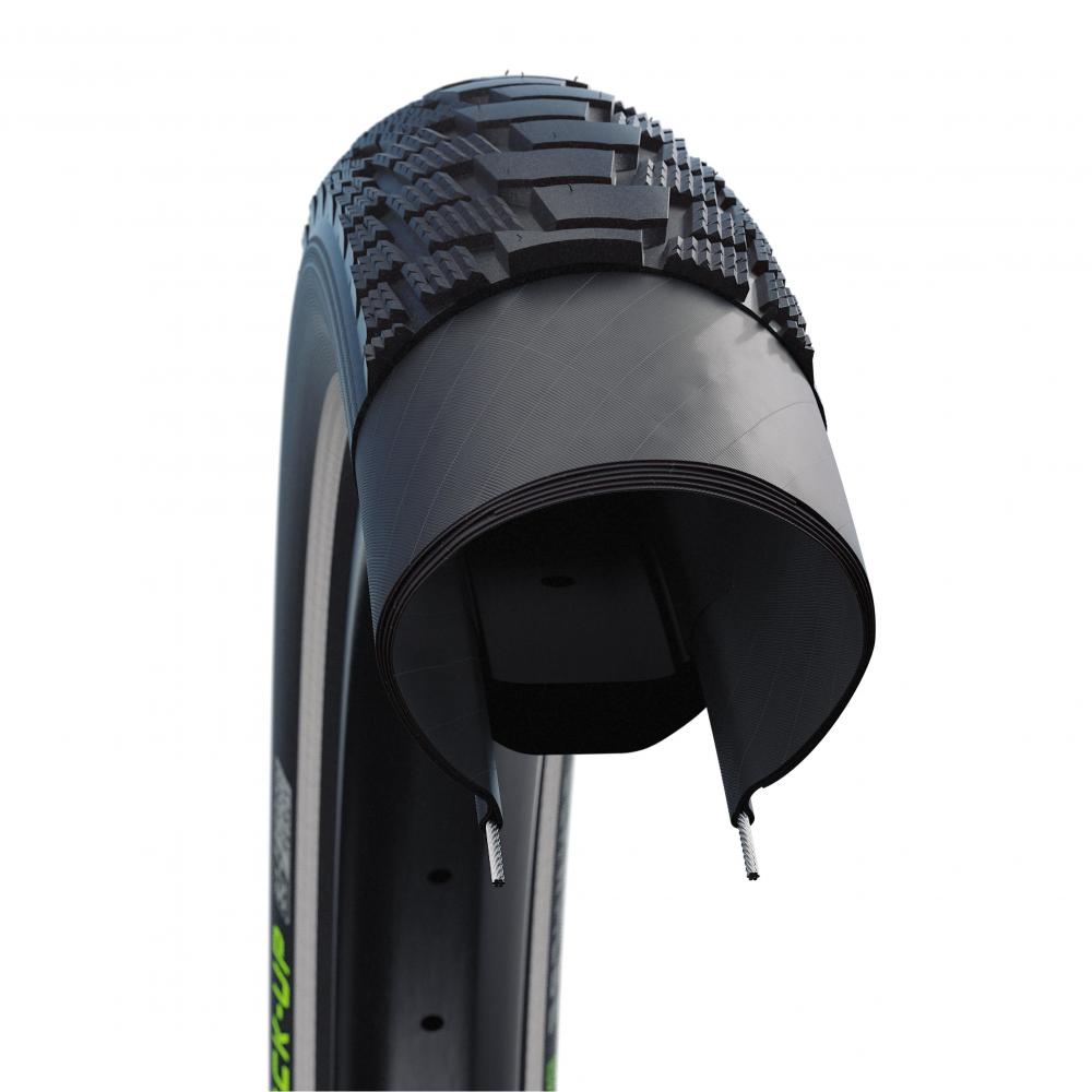Schwalbe Pick-Up E-Bike Drahtreifen mit Super Defense Karkasse, Reflexstreifen, Querschnitt zeigt Profil und Aufbau.