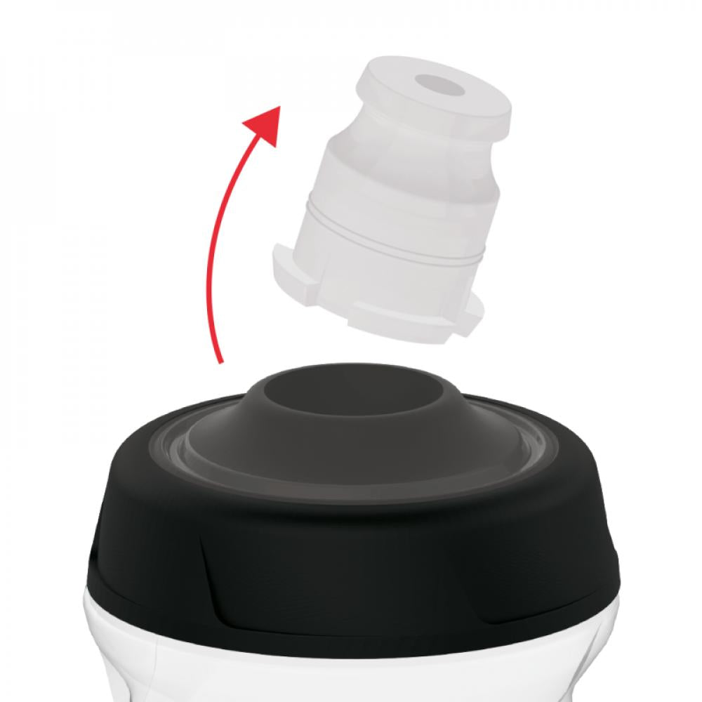 Zéfal Sense Pro 800 Trinkflasche Schwarz: Detail des abnehmbaren, auslaufsicheren Ventils mit rotem Pfeil.