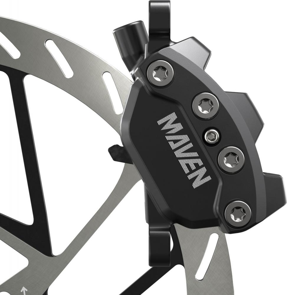 Schwarze SRAM Maven Base Fahrrad-Scheibenbremse vorne am Rotor für Extreme-Duty-Bremskraft & Kontrolle.