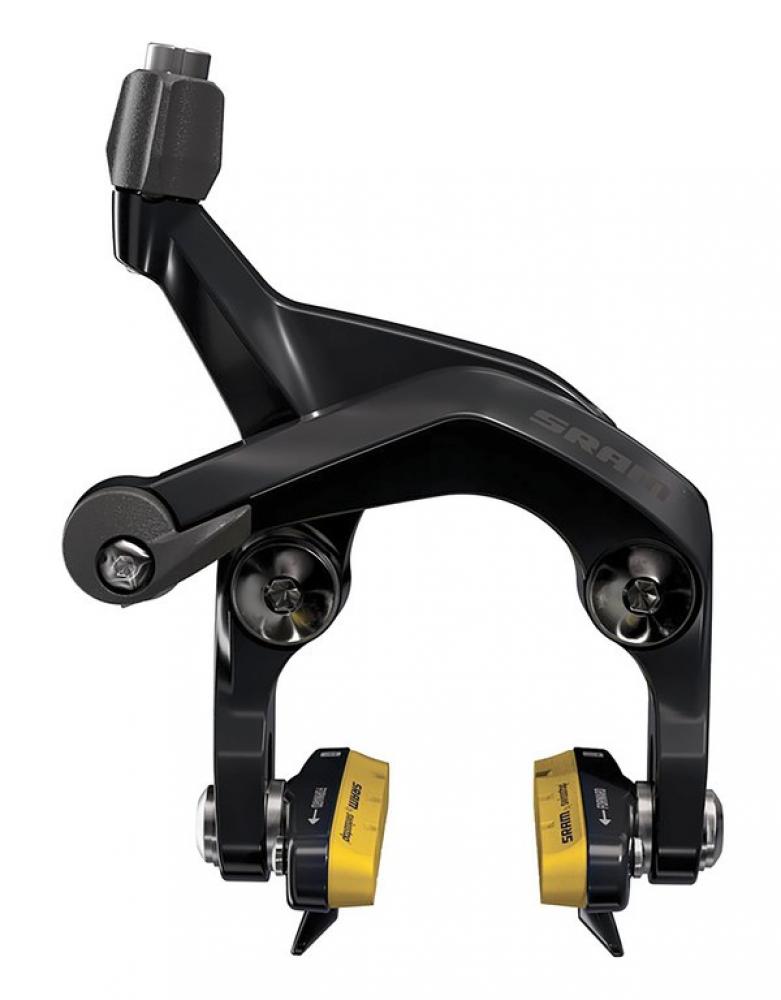 Schwarze SRAM S900 Direct Mount Rennrad Felgenbremse hinten mit gelben SwissStop Pro Belägen.