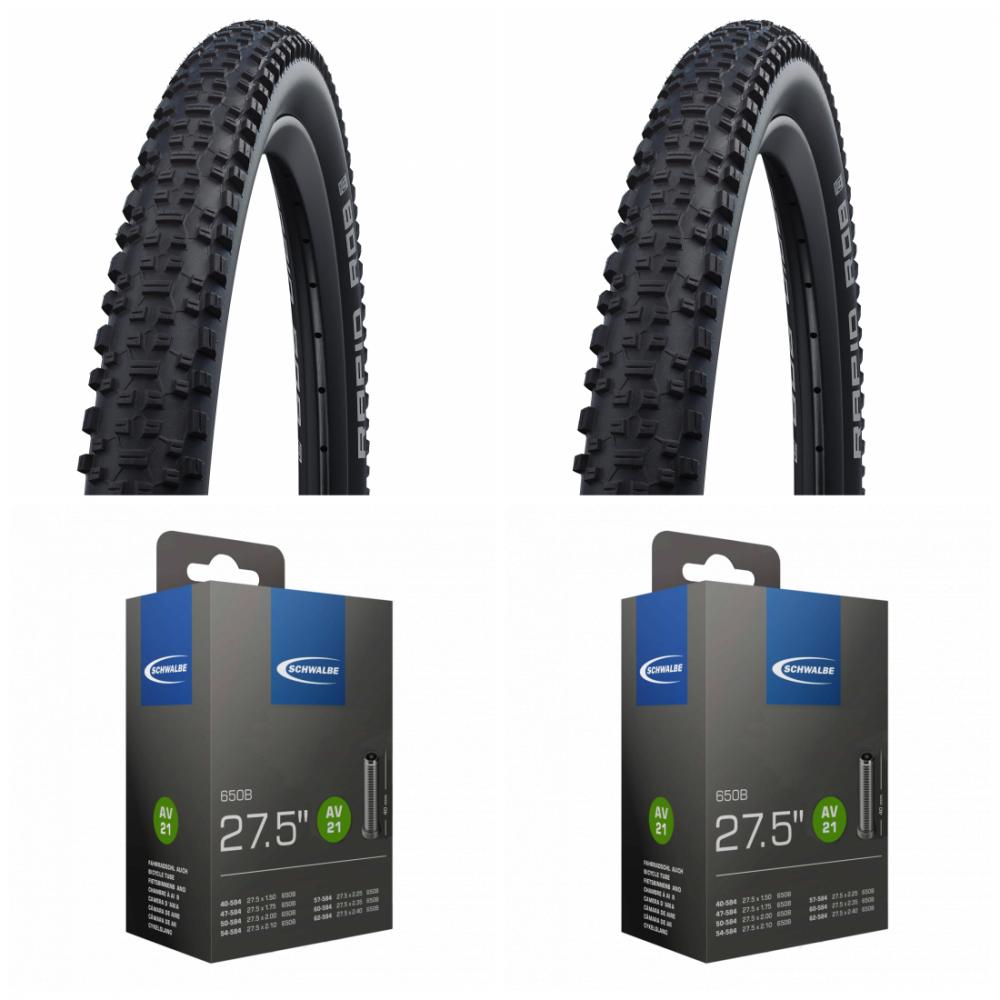 2 Schwalbe Rapid Rob 27,5x2,25" MTB-Reifen mit K-Guard und 2 AV21 Autoventil Schläuche für Cross Country.