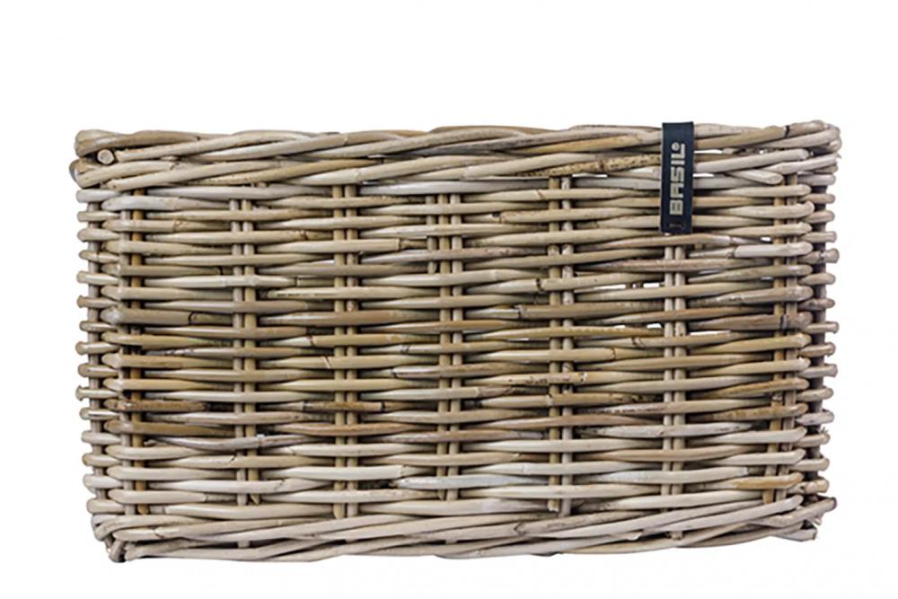 Grauer Basil Dax S Rattan Fahrradkorb, umweltfreundlich, für Transporträder, ohne Befestigungsmaterial.