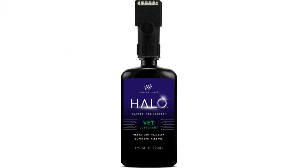 Finish Line Kettenschmiermittel HALO Wet Lube, 120 ml Flasche mit Smart Luber und Ersatz-Pads, Hochleistungs-Kettenschmierstoff für alle Wetterbedingungen: nass, feucht und trocken