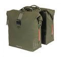 Basil Doppelpacktasche SoHo Nordlicht moosgrün mit roten LED-Lichtstreifen.