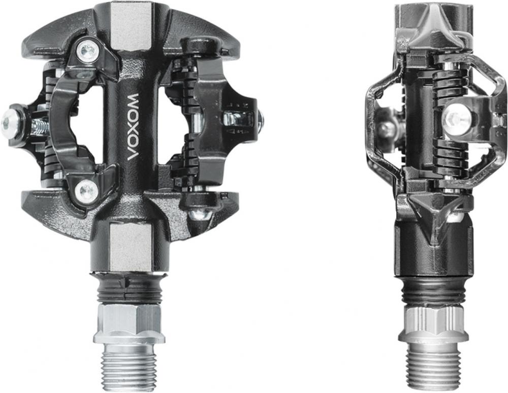 Zwei schwarze Voxom MTB SPD-Pe17 Pedale mit Cr-Mo Achse und Industrielagern.