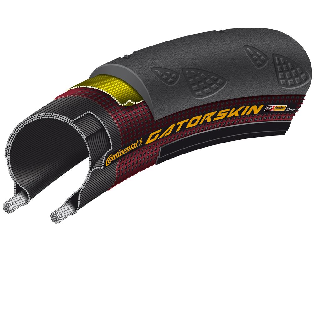 Continental Gatorskin Fahrradreifen 32-622 schwarz faltbar. Detaillierte Schnittansicht zeigt den mehrlagigen Pannenschutz.