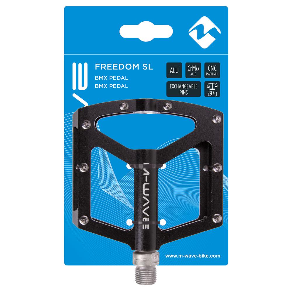 M-WAVE Freedom SL Plattformpedal - CNC-Alu, CrMo-Achse 9/16″, 96×91 mm, 297 g/Paar, austauschbare Pins, bis 140 kg (ISO 4210), schwarz