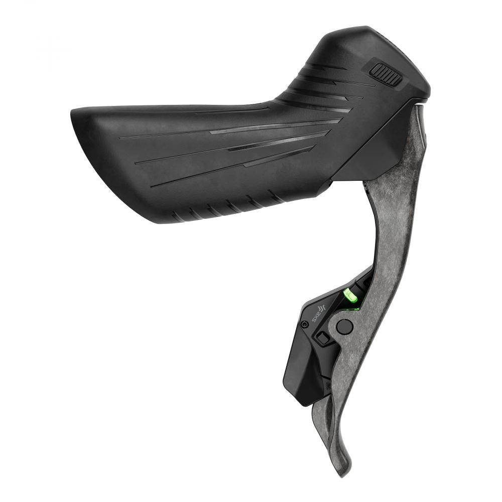 SRAM Force AXS E1 schwarze hydraulische Scheibenbremse mit Carbon Bremshebel und kabellosem Schalthebel.