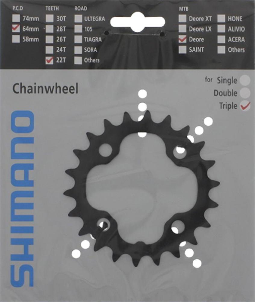 SHIMANO Kettenblatt DEORE 22 Zähne (64mm PCD) für MTB-Dreifach-Kurbel in Originalverpackung.