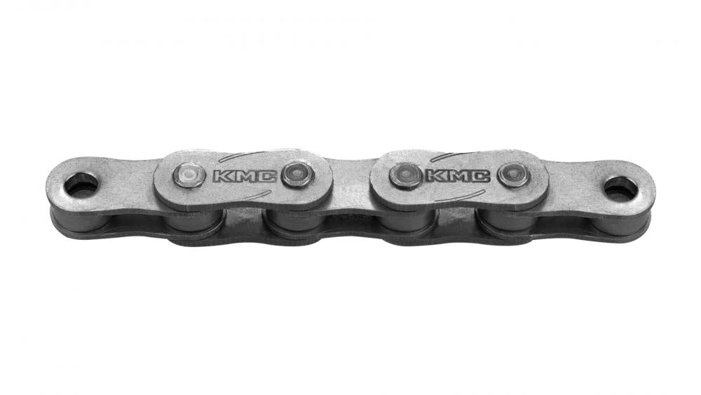 Graue KMC E-Bike Kette Z1eHX Narrow EP 1/2 X 3/32 Zoll, 128 Glieder, auf weißem Hintergrund.
