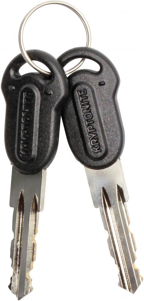 Zwei schwarze Kryptonite Schlüssel am Ring für das Keeper Mini Faltschloss Fahrradschloss.