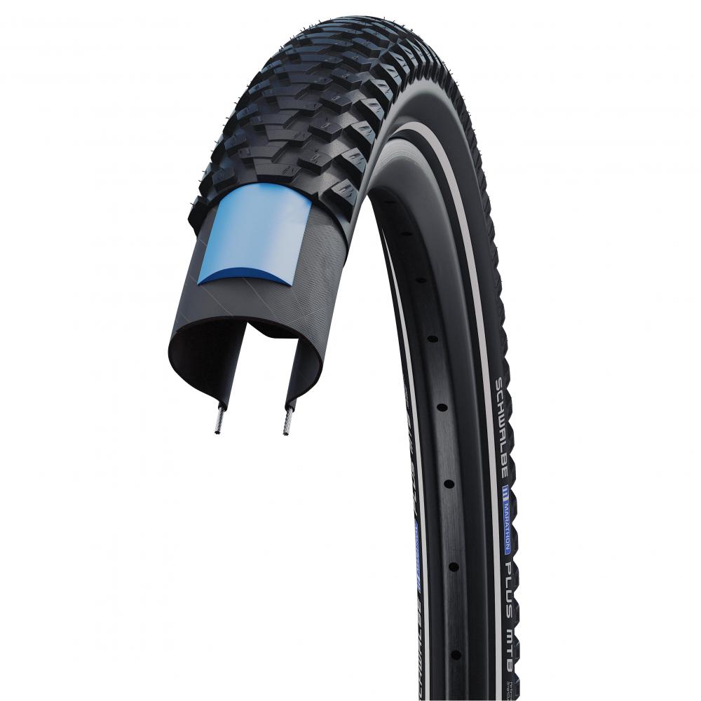 Schwalbe Marathon Plus MTB 29 Zoll Reifen mit blauem SmartGuard Pannenschutz und Reflexstreifen für E-Bikes.