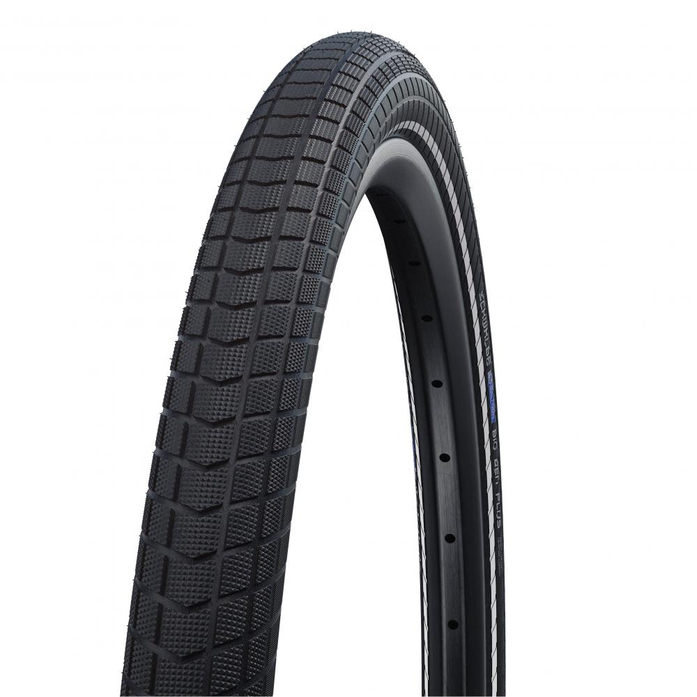 Schwarzer Schwalbe BIG BEN PLUS Fahrradreifen 26x2.15 E-50 mit GreenGuard und ADDIX Technologie, auf weißem Hintergrund.