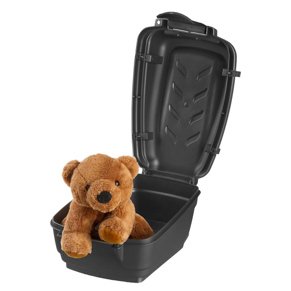M-WAVE Amsterdam Easy Box S-M Fahrradkoffer, 5L, schwarz, offen mit Teddy, wasserdicht, abschließbar, für Gepäckträger.