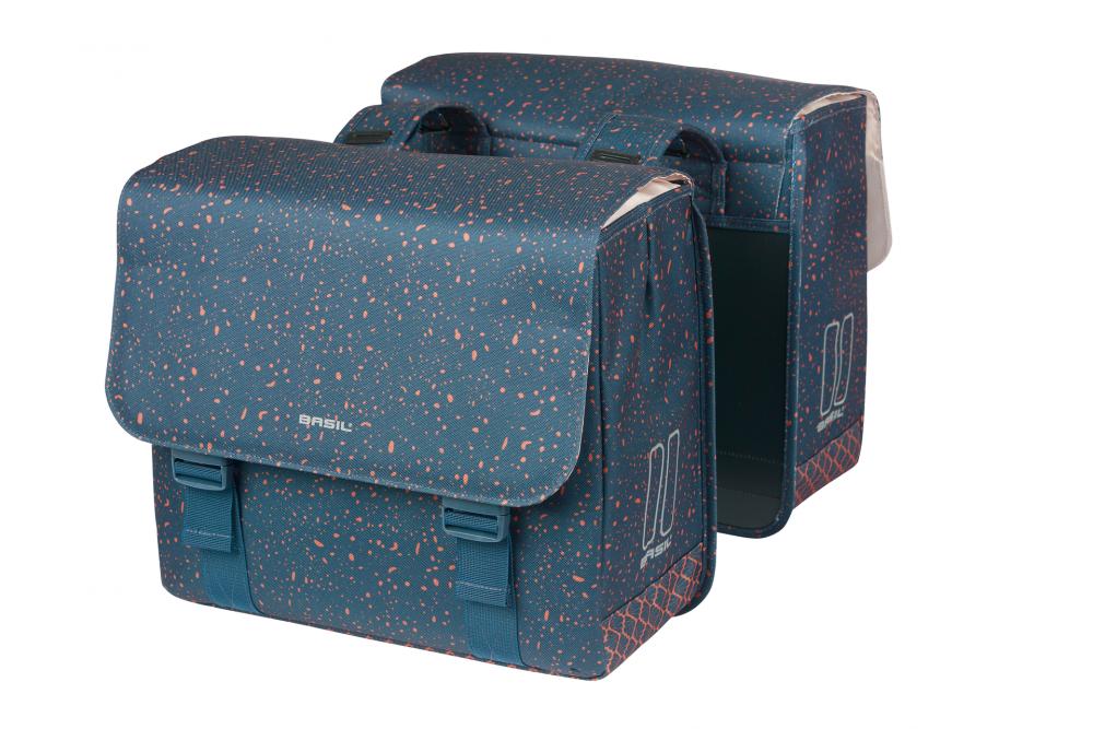 Basil Flair Doppelpacktasche 35L aus recyceltem Polyester, blau-orange gesprenkelt, wasserabweisend, MIK/Racktime kompatibel.