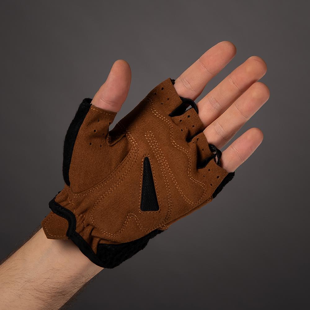 CHIBA Retro kurzfinger Radhandschuhe in Braun/Schwarz, atmungsaktiv, getragen an einer Hand.