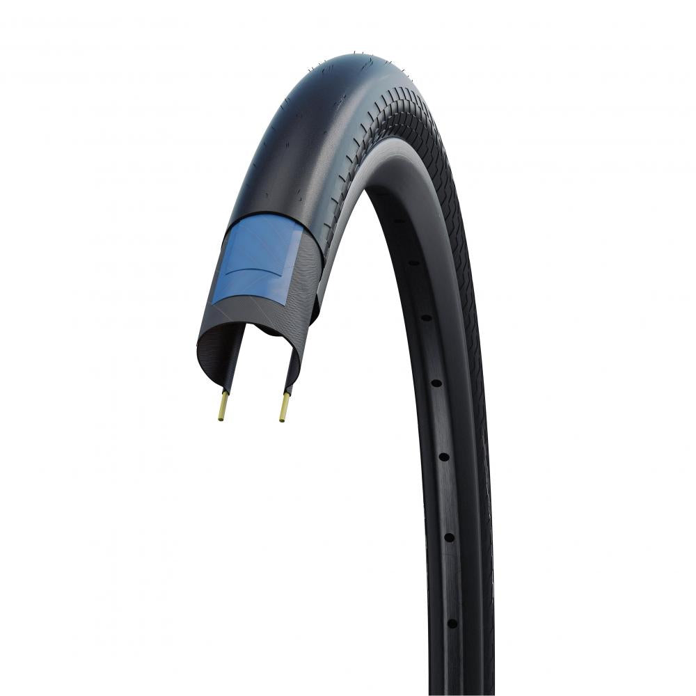 Schwalbe KOJAK 20x1.35 ADDIX RaceGuard Fahrradreifen Querschnitt, schwarz mit blauer Pannenschutzschicht.