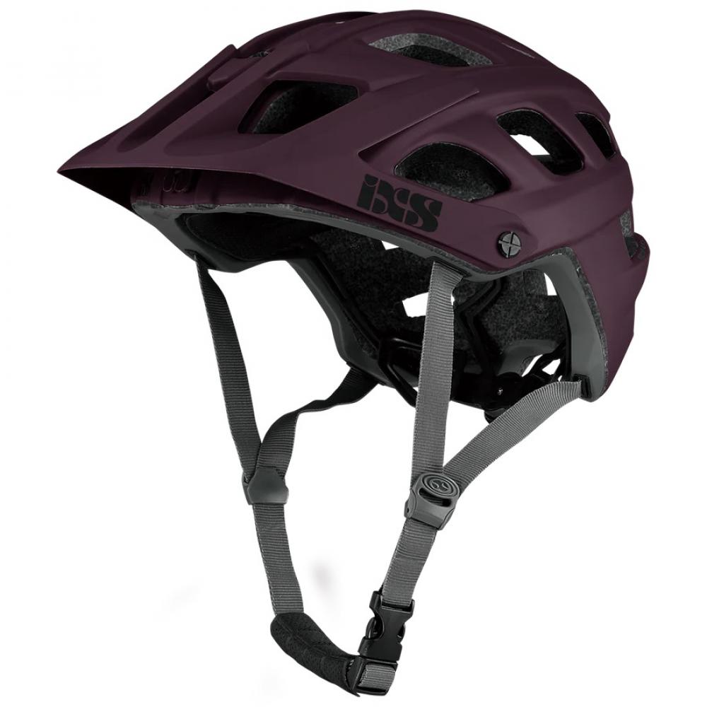 iXS Trail EVO Mountainbike-Helm in mattem Dunkellila mit Visier und Riemen.