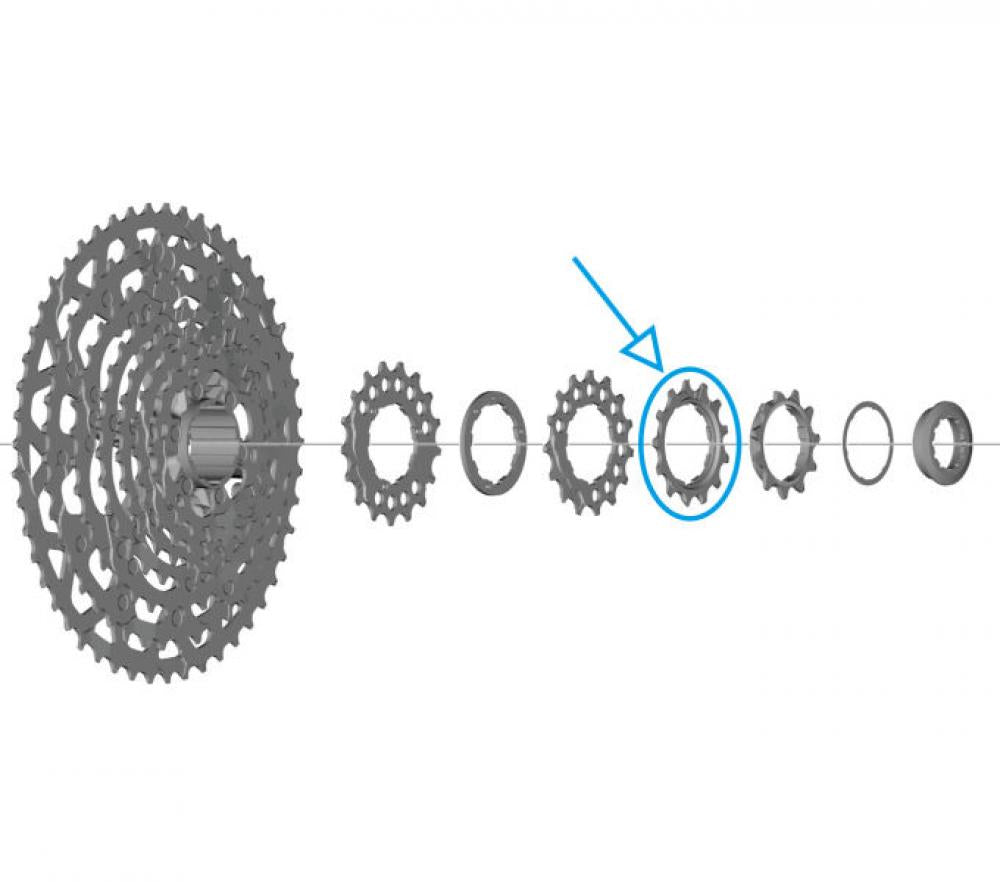 SHIMANO Ritzel für CS-LG700 - 13 Zähne, als einzelnes Zahnrad mit Pfeil in einer Fahrradkassette Explosionsansicht.
