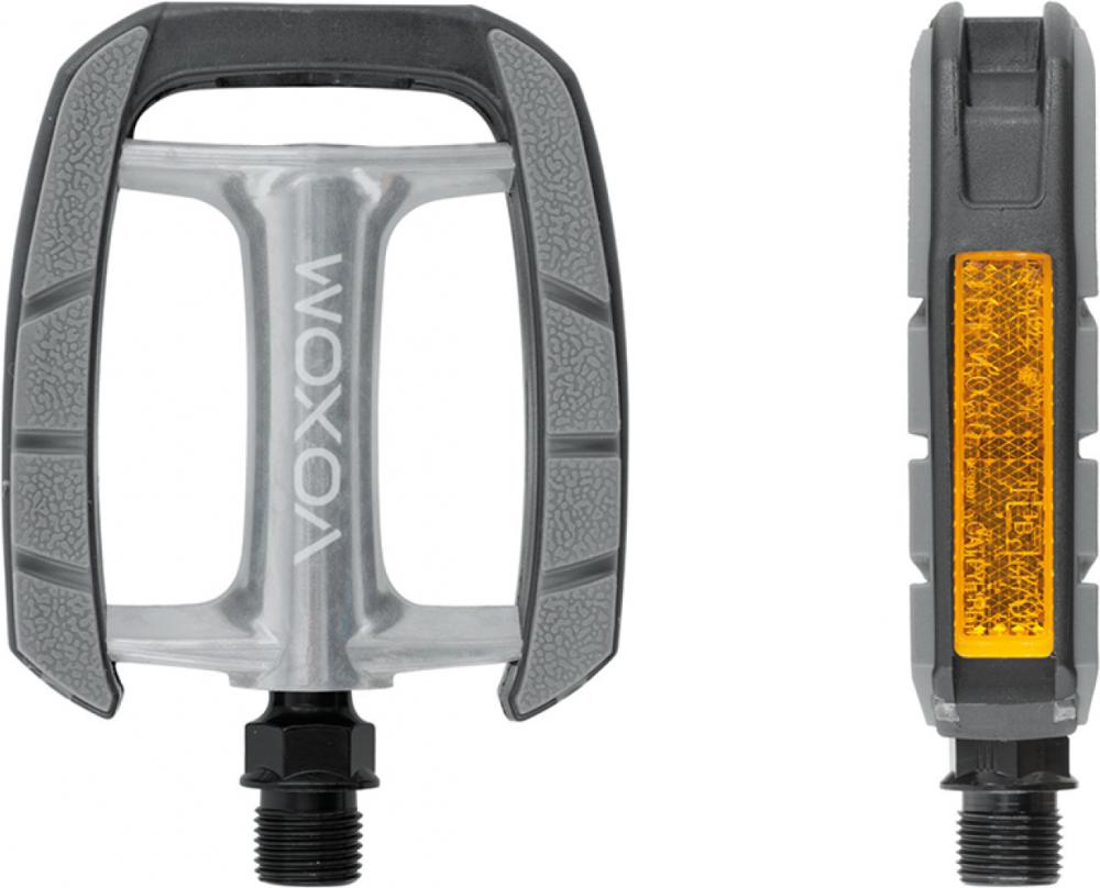 Voxom Fahrradpedal Touring Pe12, schwarz-grau, für E-Bikes, mit orangefarbenem Reflektor.