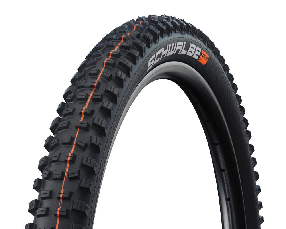 Schwalbe Hans Dampf 29x2.35" Reifen, schwarz, faltbar, mit grobem MTB Profil und orangefarbenen Streifen.