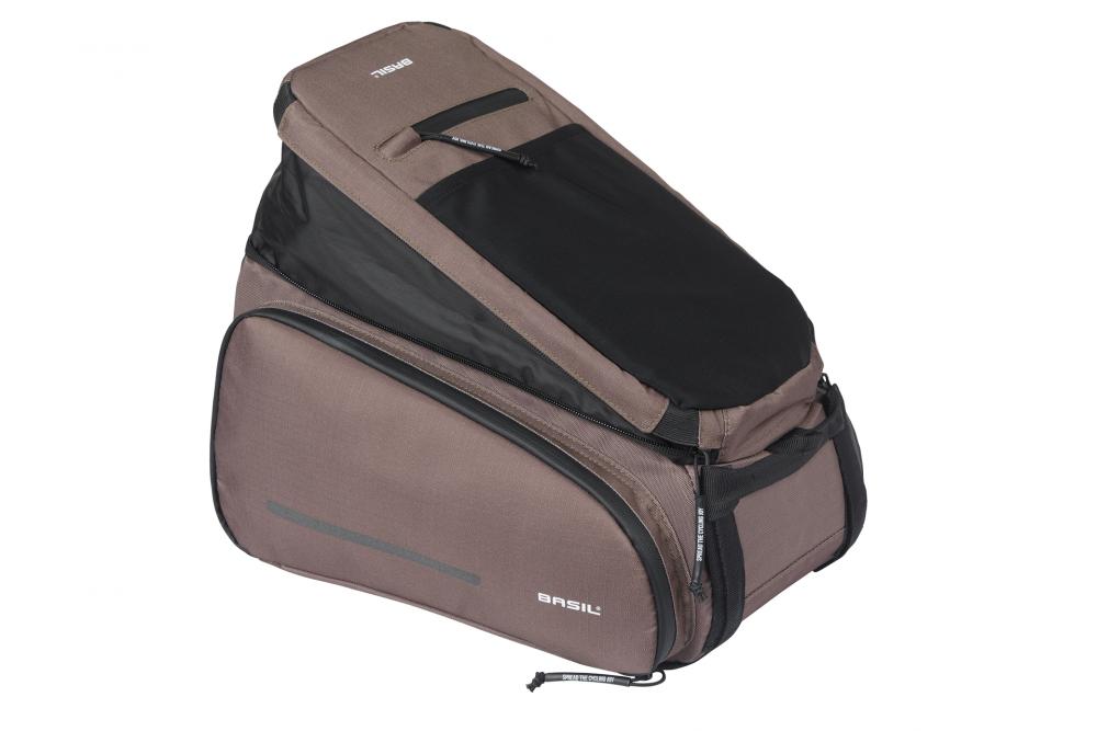 Basil Move Gepäckträgertasche 10-26 Liter Braun - recyceltes Polyester, MIK-Befestigung, erweiterbar, reflektierend