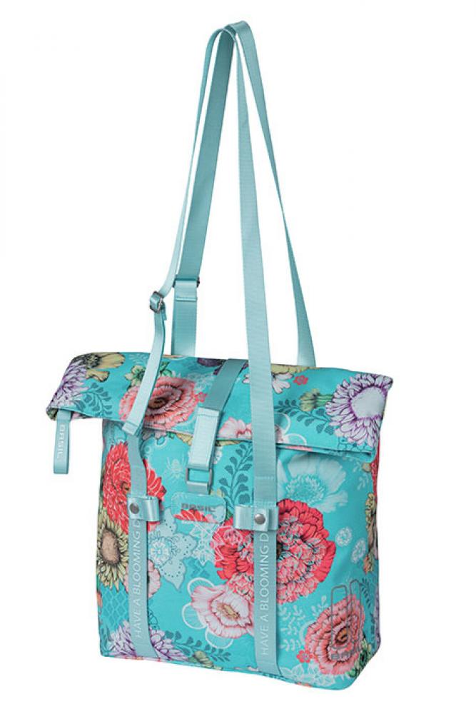 Basil Bloom Field Shopper Schultertasche, himmelblau mit farbigem Blumenmuster, ideal für Fahrrad und Alltag.