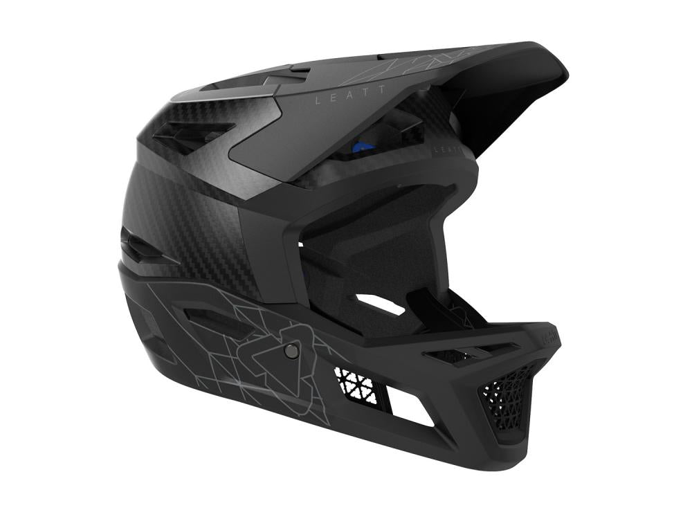 Schwarzer Leatt MTB Gravity 6.0 Carbon Fullface-Helm mit geometrischem Muster und Leatt-Logo.