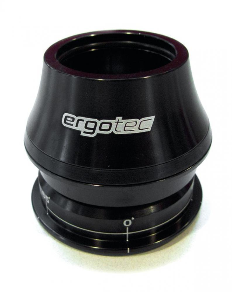 Ergotec Ahead-Steuersatz A118AC-ES 1 1/8" schwarz mit Lenkungsanschlag auf weißem Hintergrund.