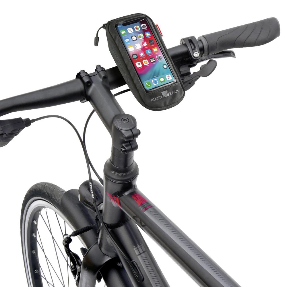 KLICKfix Smartphonetasche Comfort S transparent schwarz am Fahrradlenker mit Smartphone