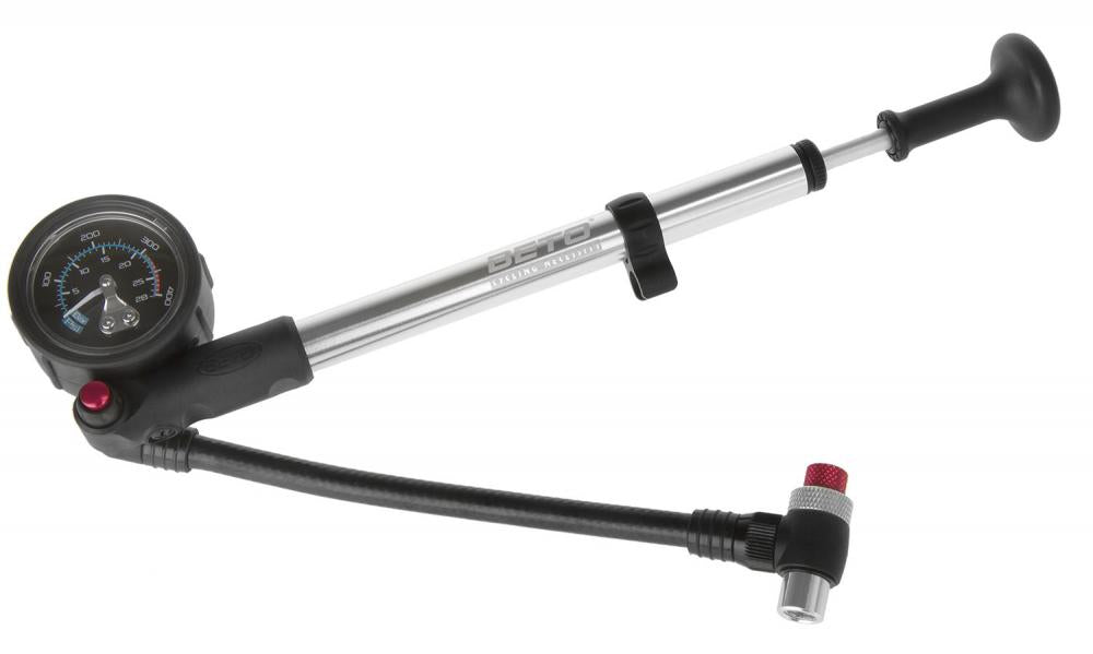 BETO, Pumpen, Federbeinpumpe, Alu, Hochleistungsmanometer bis 28 bar/ 400 psi, klappbarer flexibler schlauch