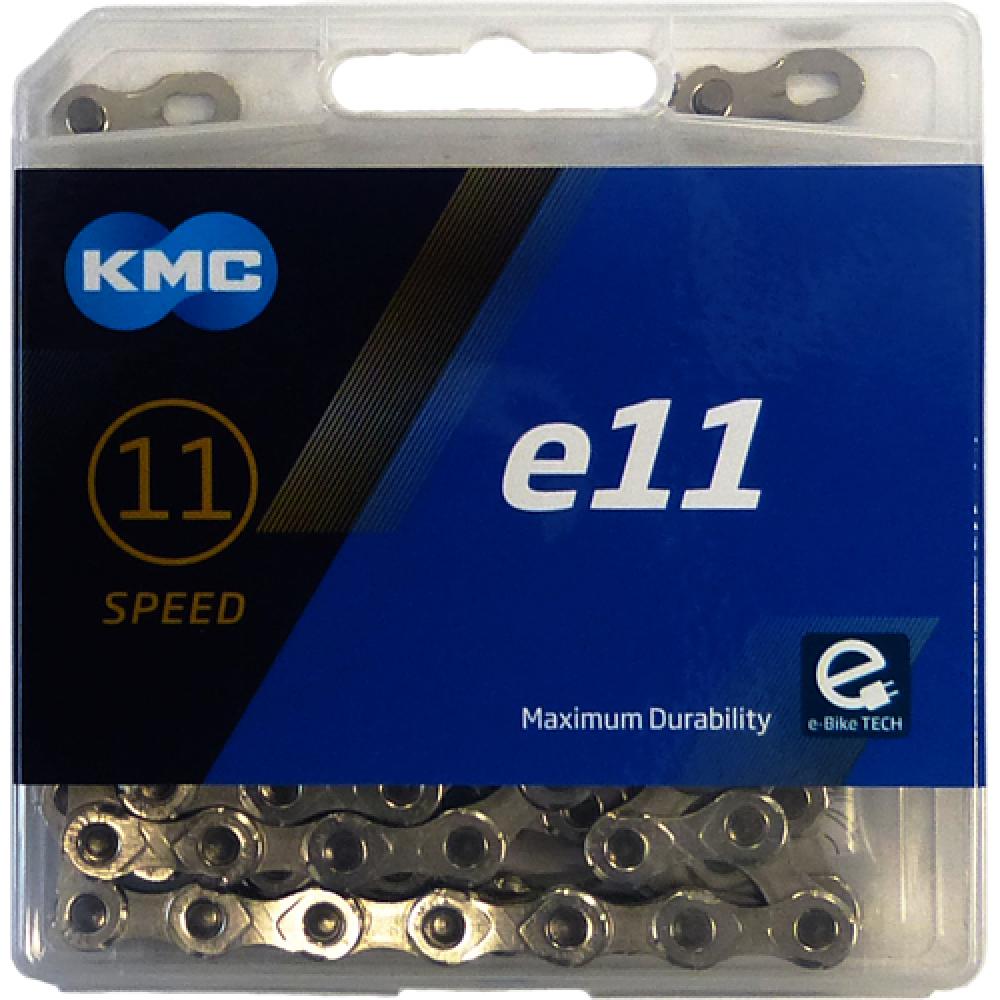 KMC e11 11-fach E-Bike-Kette in transparenter Blisterverpackung, mit den Aufschriften "Maximum Durability" und "e-Bike TECH".