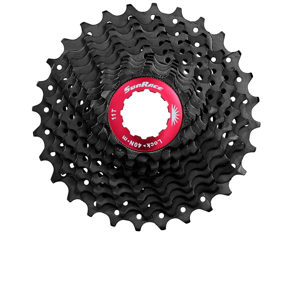 SunRace Kassette CSRS3 EAU 11-fach Fluid Drive Plus 11-32 Zähne schwarz mit rotem Lockring.