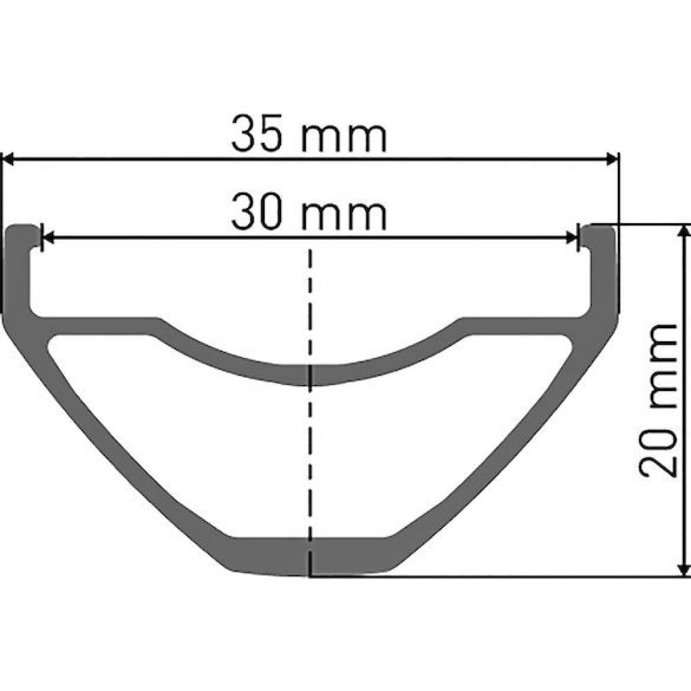 DT Swiss E 532 29 Zoll Enduro Felge Querschnitt mit 35mm Außenbreite, 30mm Maulweite und 20mm Höhe.