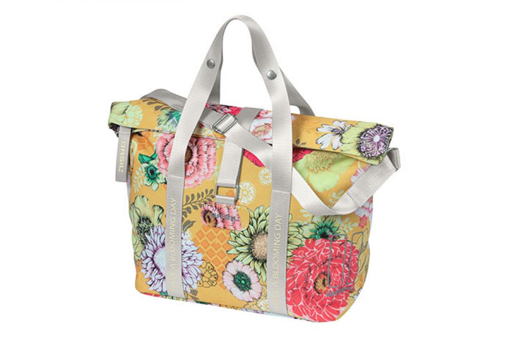 Basil Schultertasche Bloom Field honiggelb mit Blumenmuster, für Fahrrad KF-HOOK System.